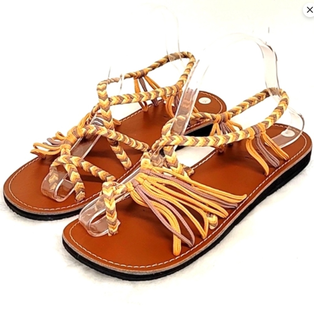 Capana Handwoven Flat Sandals Gray Gold and Cream Strappy Women's Size 9